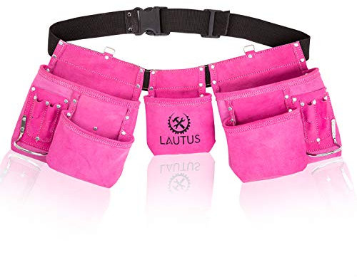LAUTUS Pink Tool Belt/Pouch/Bag, Carpenter, Construction, Framers, Electrician |11 Pockets| 2 Steel Hammer Holders|