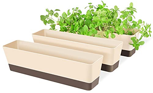 SUREAM Blumenkasten für Kräuter, 3 Stück, 40,6 x 9,5 cm, rechteckig, Sukkulenten, Kaktus, Blumentöpfe mit Untersetzer, moderner Kunststoff-Blumenbehälter für Fensterbank, Garten, Balkon, Heimbüro,