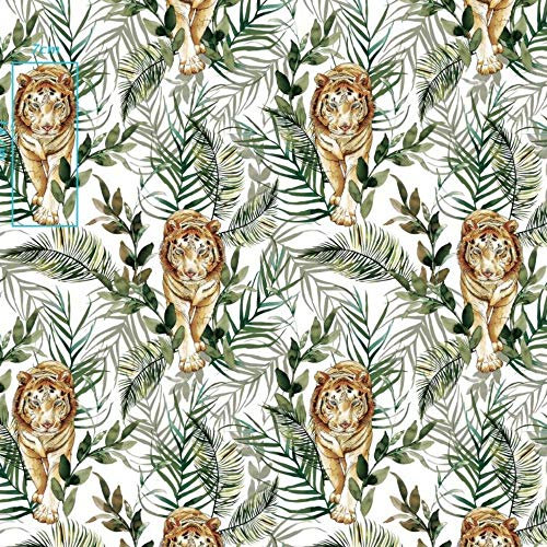 11,99€/m Tiger Zebra Elefant Wilde Tiere 100% Baumwolle Baumwollstoff Kinder Meterware Handwerken Nähen Stoff (Tiger Blätter Weiß, 150x160cm)