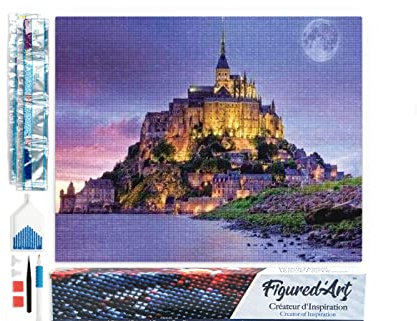 Figured’Art Diamond Painting Broderie Diamant 40x50cm Toile Entière Roulée avec Strass Perles Carrés - Le Mont Saint Michel - Kit Complet 5D DIY Activité Manuelle Loisirs Créatifs Adultes