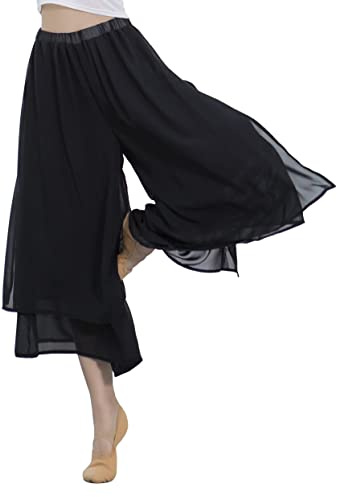 Angcoco Women's Loose Fit Double Layered Side Slit Chiffon Pants for Dance Training Black