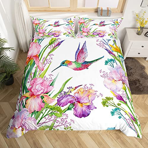 Tropical Birds Bedding Set Watercolor Hummingbird Comforter Cover For Kids Boys Girls,Romantic Irises Flowers Duvet Cover Jungle Floral Bedroom Decor Single Size Rural Pastoral Style