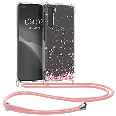 kwmobile Necklace Case kompatibel mit OnePlus Nord Hülle - Silikon Cover mit Handykette - Rosa Dunkelbraun Transparent Kirschblütenblätter