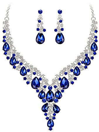 Clearine Hochzeit Schmuck-Set Tropfen Strass Cluster Statement Halskette und Ohrhänger-Set Kostümschmuck für Damen Navy Blau Silber-Tone