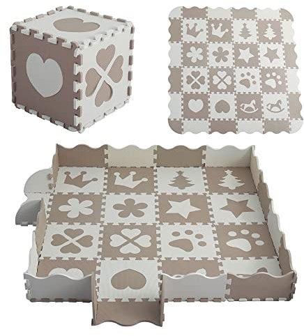 MUSOLEI Puzzlematte Baby Puzzle Matte Boden Spielmatte Kinder Beige mit Zaun XXL Kinderspielteppich Schadstofffrei 36 Stücke Eva Schaumstoff Krabbelmatte rutschfest 142×142×1cm, Modell 01