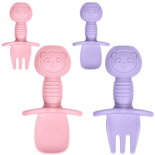 Vicloon Baby Fork and Spoon Set, 4Pcs Infant Silicone Self Feeding Utensil Easy Grip Toddler Cutlery Kit, Baby Weaning and Feeding Spoons for Infant Children First Led Training Weaning(Purple-Pink)