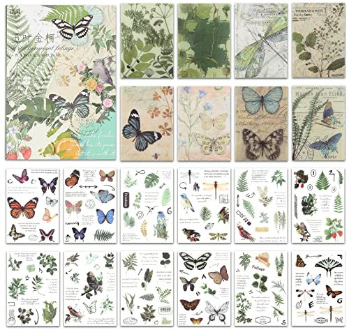 NOGAMOGA Scrapbooking/Journaling Aufkleber, 20 Vintage Washi Sticker Buch Dekorative Selbstklebend, 15,0 cm × 10,5 cm - Grün (Pflanzen und Schmetterlinge)