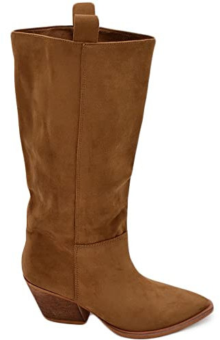 Malu Shoes Stivali camperos donna in camoscio cuoio liscio altezza polpaccio con tacco Texano legno 6cm western moda zip (37 EU)