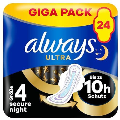 Always Ultra Binden Damen Gr. 4, Secure Night (24 Damenbinden mit Flügeln) Giga Pack, dünn und super saugfähig, geruchsneutralisierend und Auslaufschutz