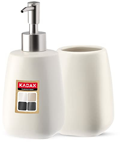 KADAX Juego de 2 piezas de baño de cerámica, accesorios de baño, dispensador de jabón, vaso de baño, jabonera y escobilla de inodoro (taza y dispensador blanco), pequeño (K8180)