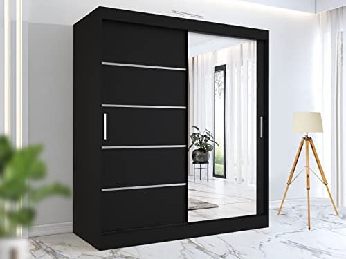 RAC3 Race to Road Stylish Bedroom Sliding Wardrobe with LED Light - Ample Storage Space and Sleek Design comes in White/Grey/Black/Oak and Width 150cm/180cm/203cm/250cm (Black, 150cm)