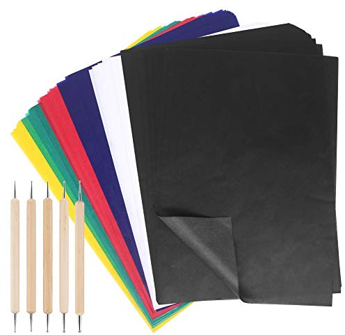 200 Blatt mehrfarbiges Transferpapier, wasserlösliches Karbon-Transferpapier mit 10 Präge-Eingabestiften, Transfermuster auf Stoff, Stoff, Leinwand, Zubehör zum Nähen