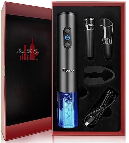 Flauno Electric Wine Opener Rechargeable, 6 in 1 Premium Wine Gifts with Elegant Gift Box, Foil Cutter, Vacuum Wine Stopper, Wine Aerator Pourer, USB C Charger