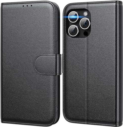 Peakally Handyhülle für iPhone 15 Pro [Premium Echtleder] [RFID-Blockierung] [Kartenfach] [Magnet] [Stand] Kompletter Schutz Stoßfest Schutzhülle Klapphülle Kompatibel mit iPhone 15 Pro - Schwarz