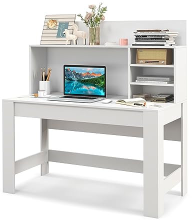 GIANTEX Computertisch Schreibstisch mit Aufsatz, Arbeitstisch mit Ablagen im modernen Design, Bürotisch PC-Tisch mit Kabelführungsloch, Holztisch Weiß für Büro Arbeitszimmer, 120 x 54 x 129 cm