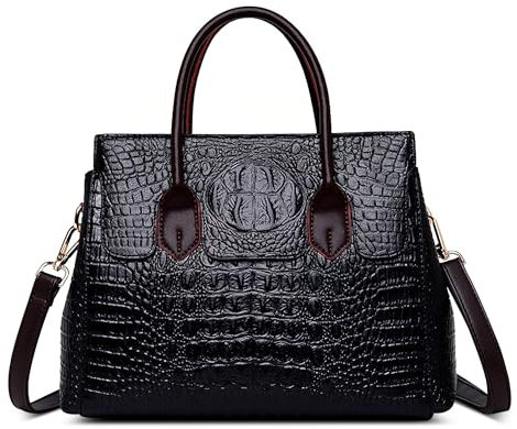 SODOLLEE Handtasche Damen Elegant Krokodil Muster Henkeltaschen Frauen Umhängetasche PU Leder Groß Schultertasche für Reisen Arbeiten Shopper Schwarz