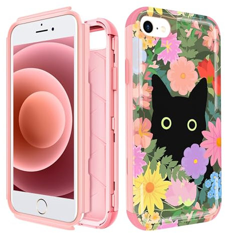 Pegmode iPhone SE/8/7 Case, Heavy Duty Protective Cat Flower Phone Cover, Military Grade Drop Protection, Matte Pink Floral Case