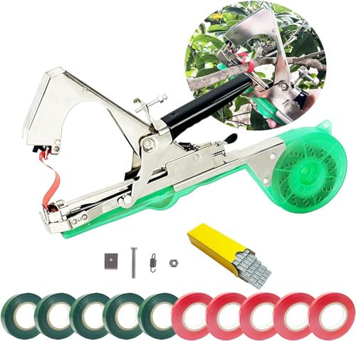 Legatrice per piante, in rattan, strumento per legare le piante, nastro da giardino, con 11 rotoli di nastro e 1 scatola di graffette (verde)