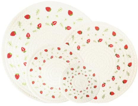 Pcivzxam 4 Stück Dicke, Runde, Aus Baumwolle Gewebte Isolierunterlage, Tischset, Bedrucktes Tischset, Tassenuntersetzer, Erdbeere, Langlebig, Hohe Qualität