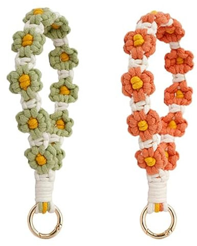 YaLiyA 2 Stück Makramee Schlüsselanhänger Armband, Handgefertigter Armband Schlüsselband Kurz Boho Handgelenk Lanyard, Niedlicher Gänseblümchen Schlüsselanhänger für Schlüssel, Autoschlüssel