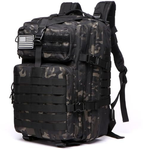 GUJOIN Sac À Dos Tactique 50 Litres - Grande Capacité Système MOLLE Militaire Imperméable Idéal Pour Urgences De 3 Jours Chasse Randonnée Et Camping Sac À Dos Pour De Plein Air (Noir camouflage)