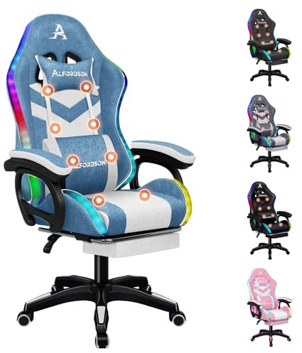 ALFORDSON Silla Gaming, Silla Gamer Racing con Iluminación LED RGB, Sillón Masajeador para Computadora con Reposapiés, Silla Giratoria Ergonómica con Respaldo Operado por Palanca, Tela, Azul y Blanco