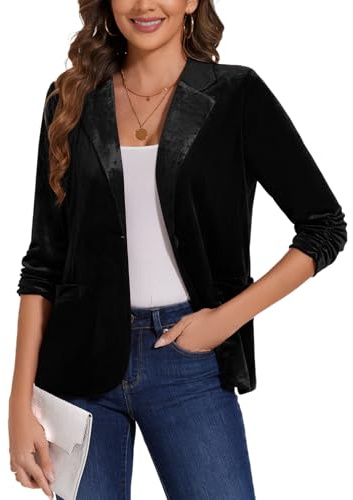 MINTLIMIT Womens 3/4 Sleeve Velvet Blazers Notch Lapel One Button Outerwear Jackets Half Lined with Pockets Winter Fall (Black XXL)
