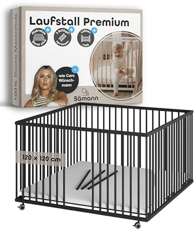 Sämann Laufstall Baby mit Matratze SleepPlus, Lattenrost und Schlupfsprossen | stufenlos höhenverstellbar | Laufgitter Premium | Babybett aus Holz | Krabbelgitter (schwarz, 120x120 cm)