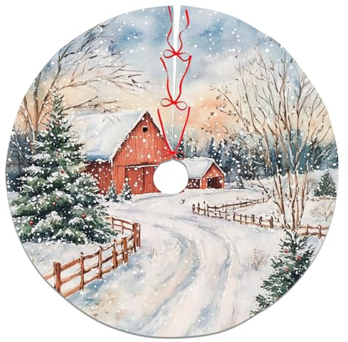 Gonna per albero di Natale con fienile innevato, in tessuto rosso rustico, decorazione per le vacanze invernali, decorazione per la casa, uso interno ed esterno, 121 cm