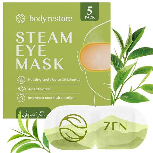 Body Restore Self Heated Steam Eye Mask 5 Pack - Easter Basket Stuffers, Relaxation Gifts for Her and Him, Best Friend, Stye Eye Treatment, Disposable Heating Pad, Travel Essentials - Green Tea