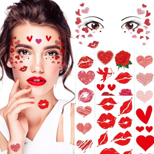 Herz Sticker Gesicht, Gesichtstattoo Karneval, 7 Blatt Amor Tattoo, Gesichtstattoo Herz Rot Temporäre, Valentinstag Glitzer Aufkleber, für Valentinstag Amor Kostüm Fasching Karneval Schminke