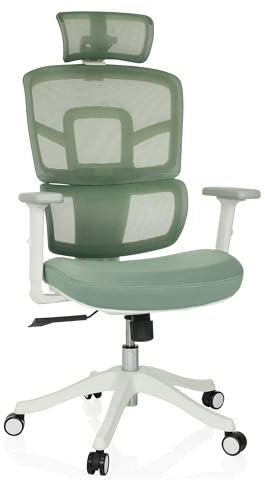 MyBuero Drehstuhl ergonomisch ERGOMY I W Bürostuhl mit Flexibler Lordosenstütze, Kopfstütze, Armlehnen, Netz-Rückenlehne, Stoff Grün