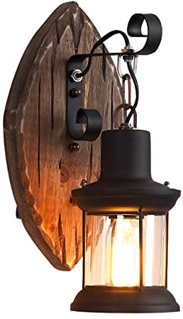 Perseavance Holz Wandleuchte für Wohnzimmer, Retro Indoor Industrial Wandleuchte E27 Vintage Befestigung mit Glasschirm Abdeckung