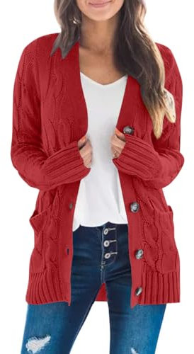 MEROKEETY Women's 2025 Fall Long Sleeve Cable Knit Cardigan Sweater Open Front Button Loose Outerwear, Red, XL