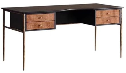 ZENGXJYCQINGJIANG Gaming Desk Oak Home Office Desk with Rattan Drawers and Metal Frame, Modern Retro Study Writing with Storage