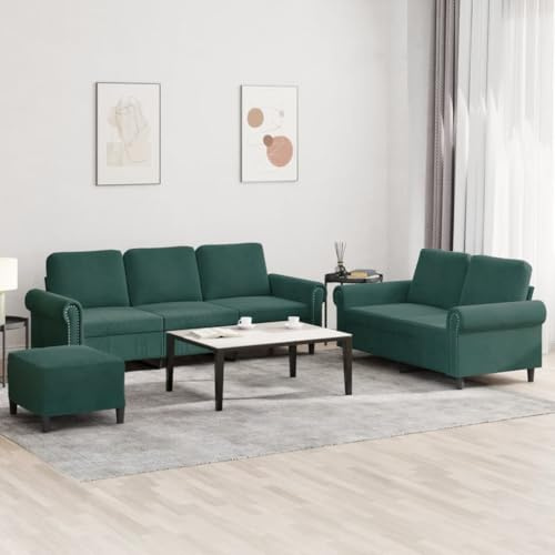 Mandloder 3-TLG. Sofagarnitur Dunkelgrün, Samt Polster, Moderne Wohnzimmer Sitzgruppe mit 2er Sofa, 3er Sofa und Hocker, Robuster Sperrholzrahmen, Bequeme Möbel für Wohnbereiche