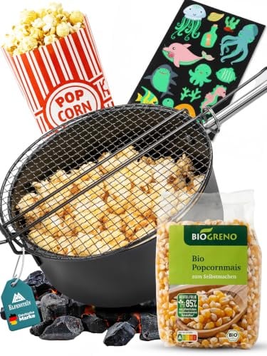 Campfire Popcorn Maker – Incl. Popcorn Kernels, Popcorn Bags & Glow Tattoos - Carbon Steel Popcorn Maker for Campfire, Grill & Fire Bowl – Outdoor Popcorn Pan, Popcorn Set