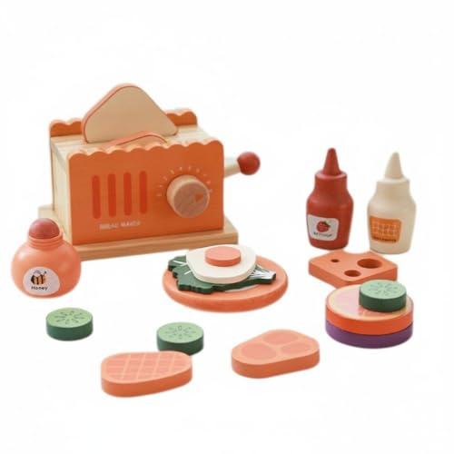 MotiveTech Kids Play Toaster Set With Wooden Bread Maker Pretend Breakfast Meal Pieces Stacking And Sorting Play Beech And Wood Suitable for role play cooking