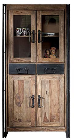 SIT-Möbel 9204-01 Vitrine Panama Shesham Natur mit schwerem Altmetall und Gebrauchsspuren, 90 x 40 x 180 cm, 4 Türen, 2 Schubladen