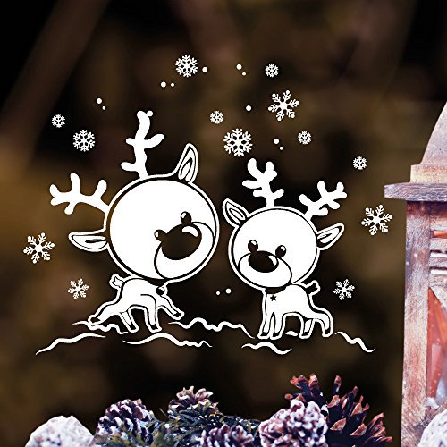 Wandtattoo Loft Fensterbild „Elche Rentiere im Schnee“ aus weißer mattglänzender Vinylfolie, konturgeschnitten- OHNE hässliche Hintergrundfolie, 2 Größen zur Auswahl Fensteraufkleber Weihnachten Dekoration/hergestellt in und Versand aus Deutschland / / 55 cm hoch x 69 cm breit