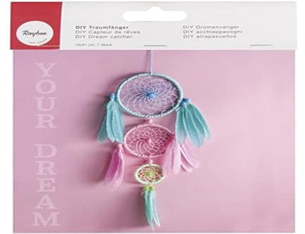 RAYHER HOBBY Rayher 66048000 Bastelset Traumfänger, aus Metallringen, Holzperlen Baumwollgarn und Federn, Länge 41 cm, Breite 14 cm, bunt pastell, Deko-Hänger, Wanddekoration, Mittel