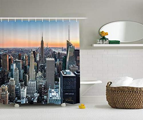 ABAKUHAUS New York Rideau de Douche, New York Manhattan Skyline Crépuscule, Tissu Ensemble de Décor de Salle de Bain avec Crochets, 175 cm x 200 cm, Gris et Orange