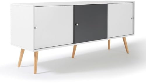IDMarket - Buffet Bas scandinave 135 cm Effie 3 Portes Bois Blanc et Gris