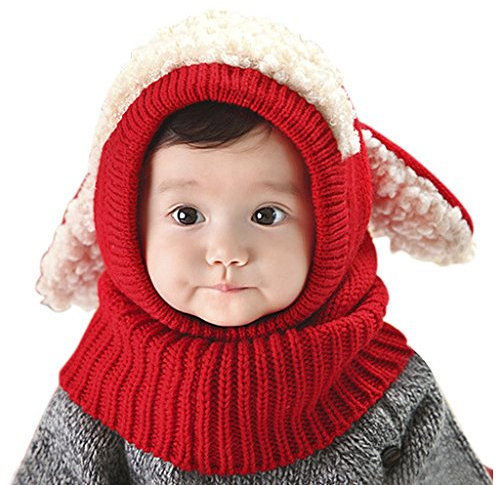 Winter Baby Mütze Schal Set, Unisex Strickmütze Schalmütze Wintermütze Cartoons Tier Welpe Hüte Warme Verdicken Earflap Kappe Haube Kapuze Schal für Jungen Mädchen 6-48 Monate