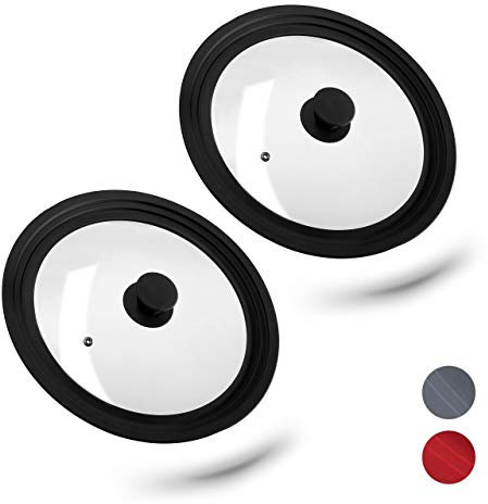 2 Tapas Sartén Universales, Tapaderas Olla, 26-30 cm, Borde de Silicona, Cristal, 5x31,5 cm, Negro