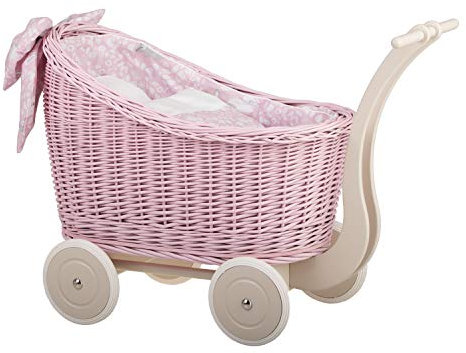 e-wicker24 Alles aus Weide Puppenwagen aus Weide mit Bettwäsche perfekte Geschenkidee Korbpuppenwagen schöner Spielzeug aus Korbgeflecht Korbwagen für Puppen Spielzeug für Mädchen (Pink)