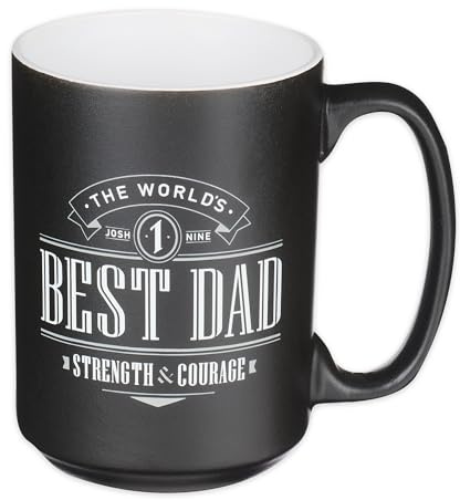 Christian Art Gifts Large Ceramic Coffee & Tea Mug for Dads & Fathers: World's Best Dad Strength & Courage Inspirational Bible Verse, Non-Toxic Lead-free, Microwave/Dishwasher Safe, Black/White, 14oz.