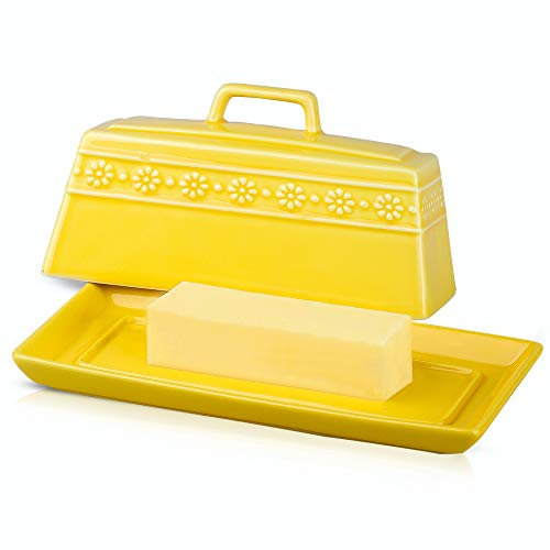 KOOV Butterdose aus Porzellan mit Deckel, Butterbehälter mit Deckel, großes Fassungsvermögen, perfekt für Ost-/West-Butter, Serie Daisy (Gelb)