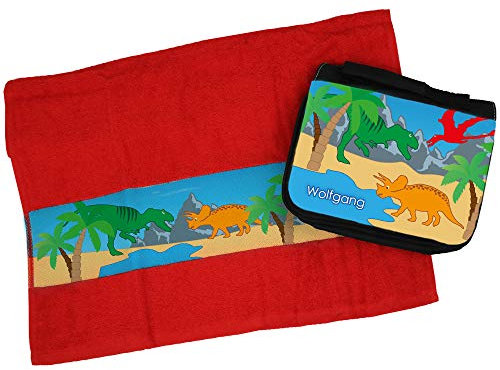 Eurofoto Handtuch + Kulturbeutel Set mit Namen Wolfgang und Dino-Motiv für Jungen | Handtuch und Kulturbeutel Bedruckt |