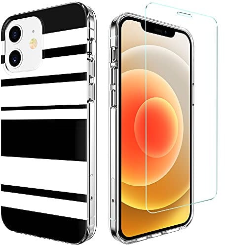 Sephonie Striped Case and 9H Tempered Glass Screen Protector for iPhone 12 Mini (5.4), Ultra-Thin Slim Glossy Designer Cover, Hybrid Protective Hard Shell & Shockproof TPU | Black/White Multi Stripes